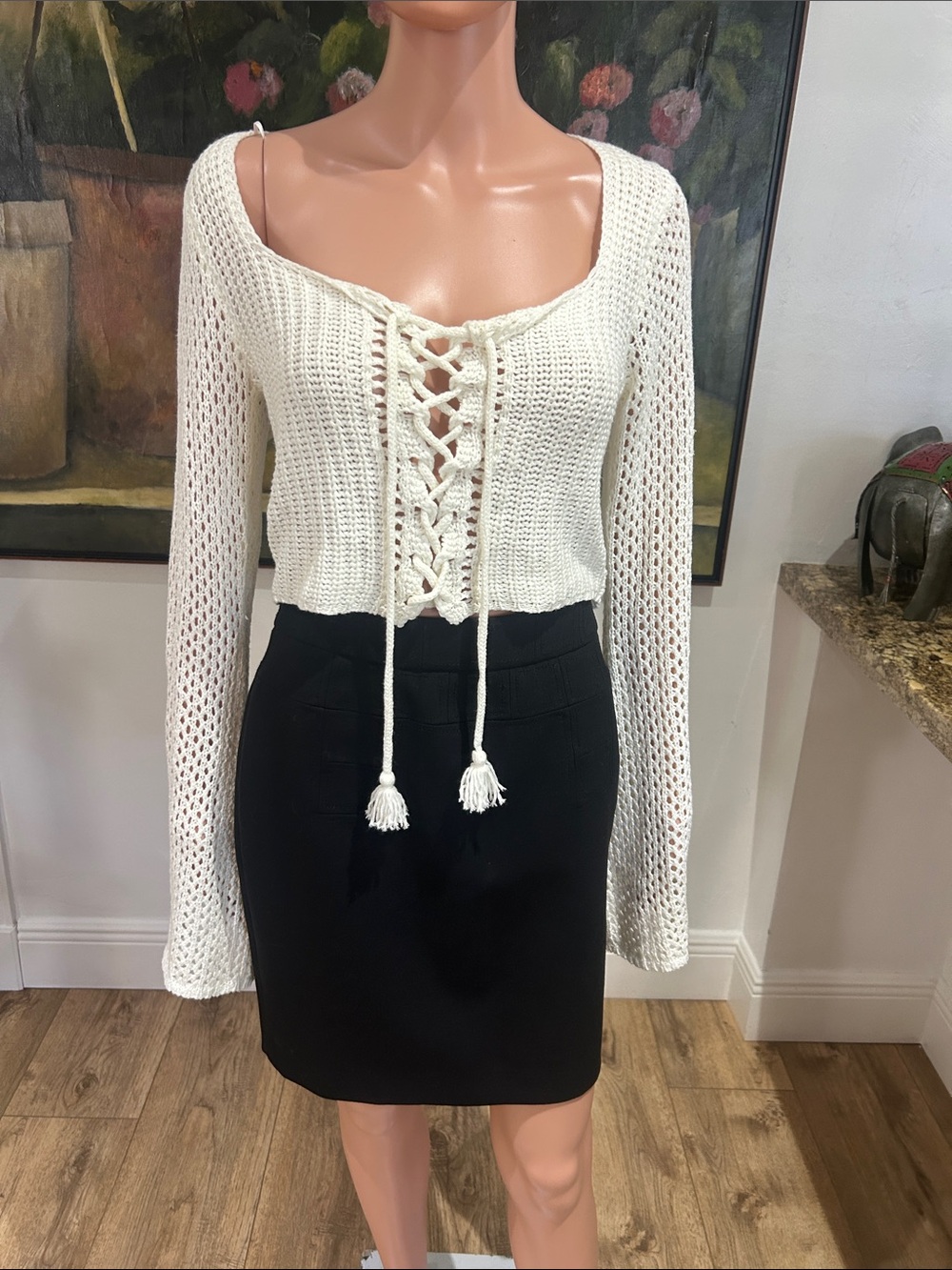 Indikah ivory knit crop top with lace up front and long belle sleeves
